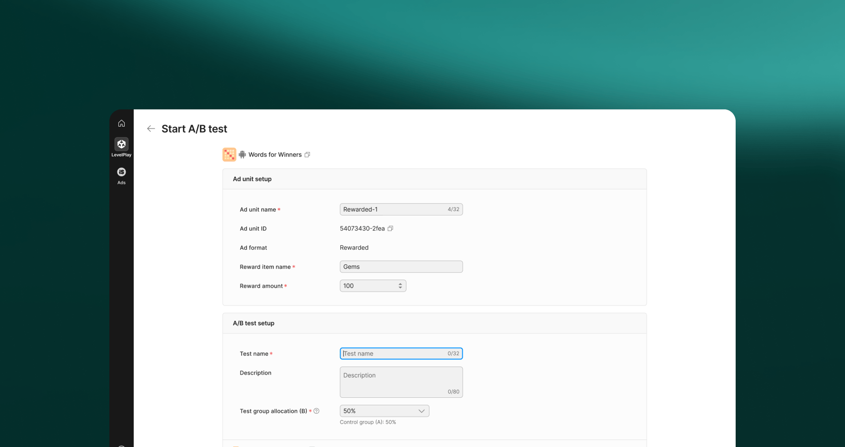 Start A/B test in platform