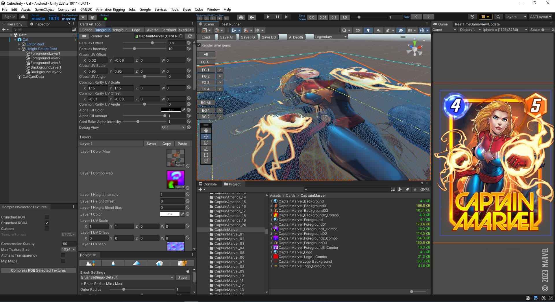 Cartão da Capitã Marvel no Editor de Unity