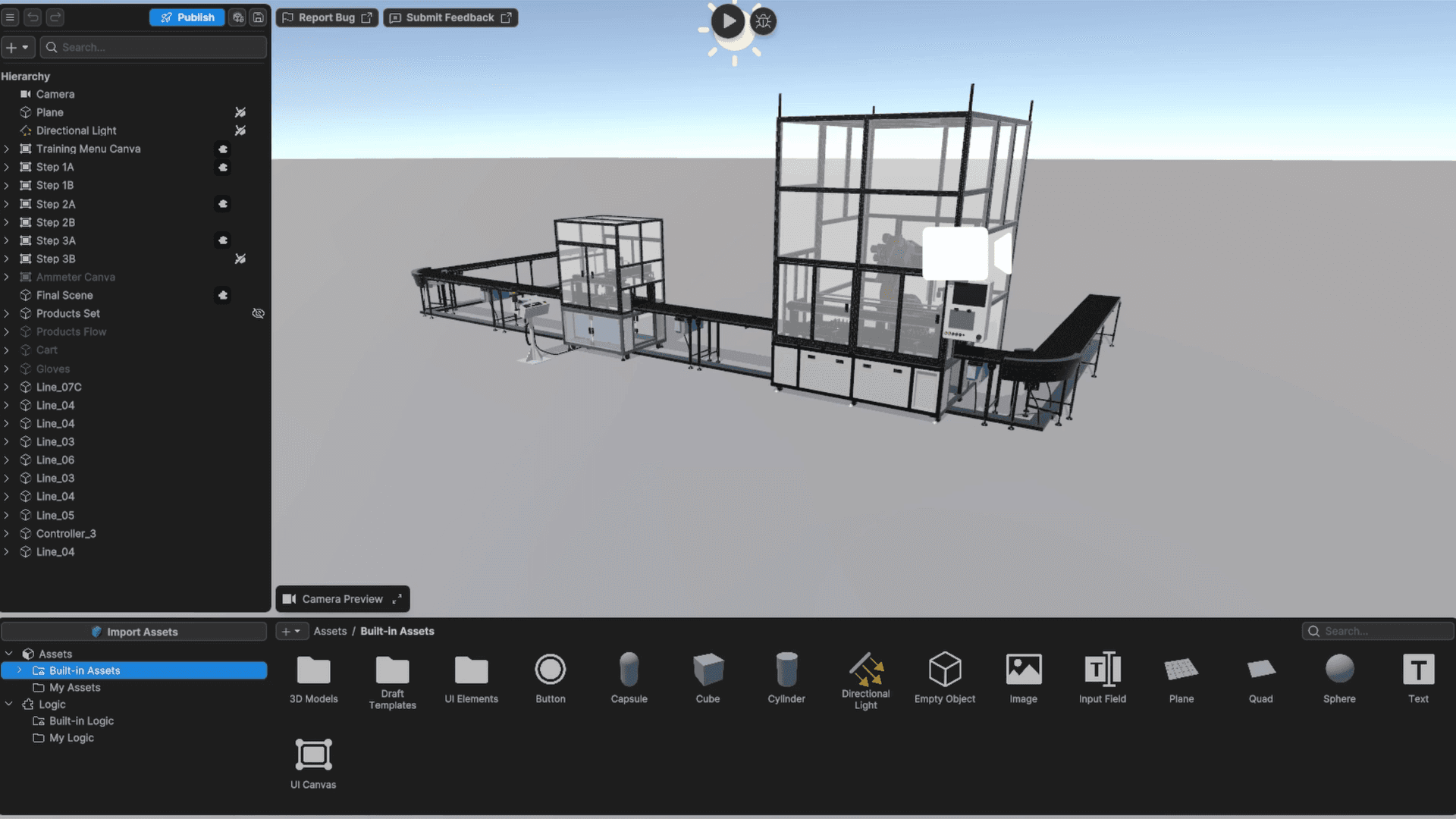 Unity Studio-Benutzeroberfläche, die einen Schritt vom Einführungstutorial zu Unity Studio Learn zeigt
